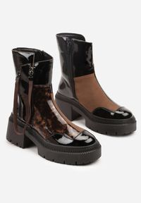 Born2be - Brązowe Lakierowane Botki Vices z Ozdobną Tasiemką Rivavie. Okazja: na co dzień. Kolor: brązowy. Materiał: lakier. Styl: casual, elegancki