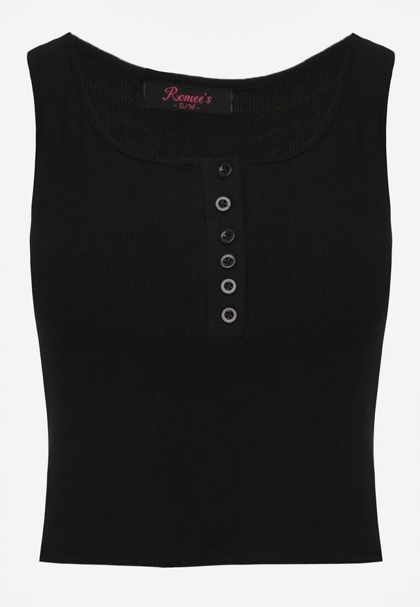 Renee - Czarny Bawełniany Tank Top w Prążki z Ozdobnymi Guziczkami Bernissa. Okazja: na co dzień, na imprezę. Kolor: czarny. Materiał: bawełna. Wzór: prążki. Styl: casual