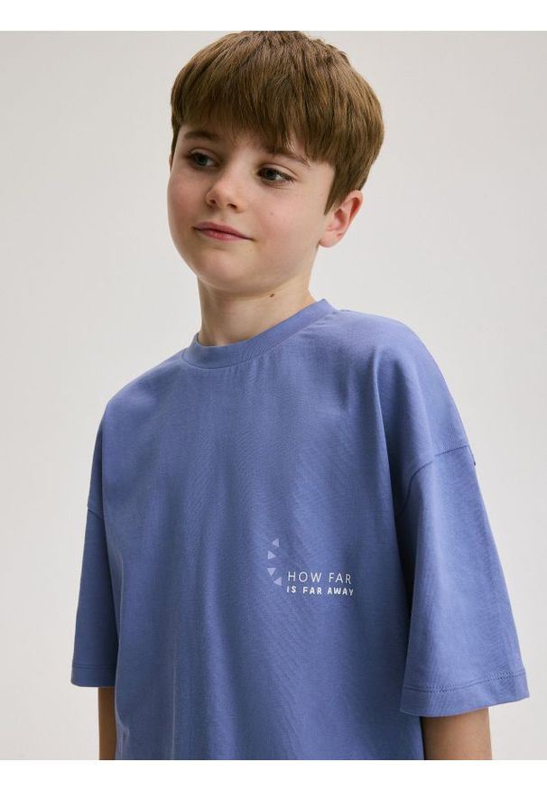 Reserved - T-shirt oversize z nadrukiem - niebieski. Kolor: niebieski. Materiał: dzianina, włókno, bawełna. Wzór: nadruk
