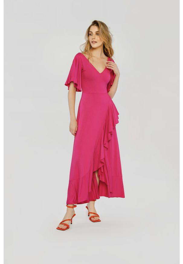 Madnezz - Sukienka Juanita - różowa. Typ kołnierza: dekolt w kształcie V. Kolor: różowy. Materiał: wiskoza, dzianina, elastan. Typ sukienki: asymetryczne, w kształcie A, kopertowe