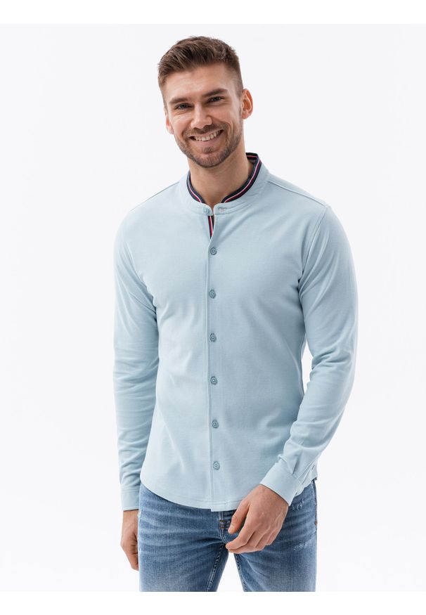 Ombre Clothing - Koszula męska dzianinowa z długim rękawem - błękitna V3 - Rozmiar: S. Typ kołnierza: kołnierzyk stójkowy. Kolor: niebieski. Materiał: dzianina. Długość rękawa: długi rękaw. Długość: długie. Wzór: kolorowy