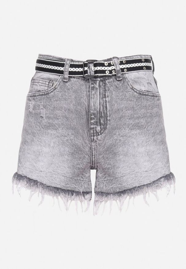 Born2be - Jasnoszare Jeansowe Bawełniane Szorty z Wysokim Stanem i Postrzępionymi Nogawkami oraz Paskiem Moalice. Okazja: na co dzień. Stan: podwyższony. Kolor: szary. Materiał: bawełna, jeans. Sezon: lato. Styl: casual, elegancki