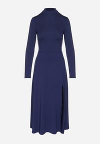 Born2be - Granatowa Sukienka z Półgolfem Taliowana z Rozcięciem na Boku Sailea. Okazja: na co dzień. Kolor: niebieski. Długość rękawa: długi rękaw. Styl: klasyczny, casual, elegancki #2