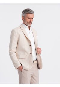 Ombre Clothing - Męska marynarka o kroju REGULAR z lnem - kremowa V1. Okazja: do pracy. Kolor: kremowy. Materiał: len. Wzór: aplikacja. Styl: klasyczny, elegancki