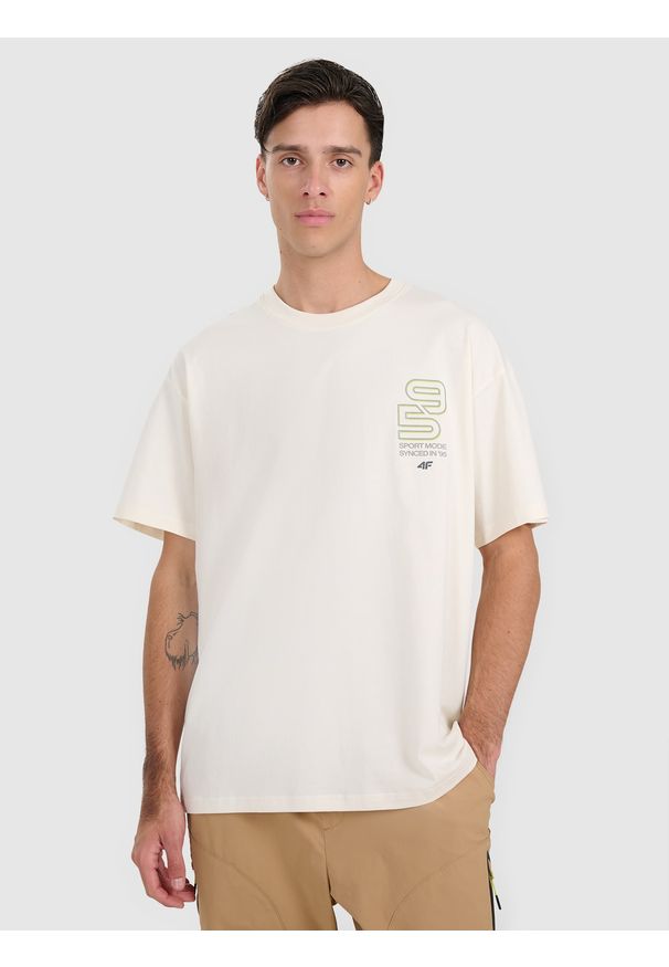 4f - 4F T-shirt oversize z nadrukiem męski - biały S. Kolor: biały. Materiał: skóra, materiał. Wzór: nadruk