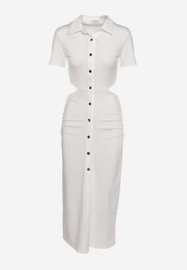 Born2be - Biała Sukienka Koszulowa z Wycięciami w Talii i i Marszczeniami Zapinana na Guziki Quvlea. Okazja: na co dzień. Kolor: biały. Materiał: wiskoza, jeans. Typ sukienki: koszulowe. Styl: casual