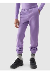 4f - Spodnie dresowe joggery dziewczęce - fioletowe. Okazja: na co dzień. Kolor: fioletowy. Materiał: dresówka. Wzór: gładki, ze splotem. Styl: sportowy, casual
