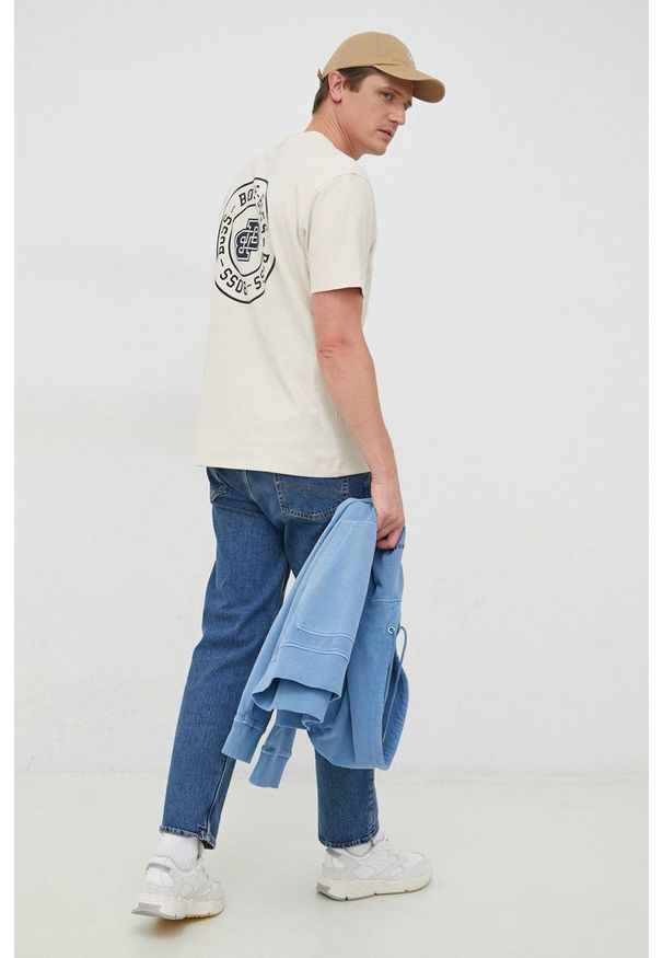 BOSS t-shirt bawełniany BOSS ORANGE kolor beżowy z nadrukiem. Kolor: beżowy. Materiał: bawełna. Wzór: nadruk