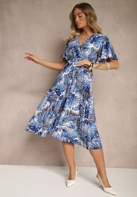 Renee - Granatowa Plisowana Rozkloszowana Sukienka z Bawełną Culinea. Okazja: na co dzień, na imprezę. Kolor: niebieski. Materiał: bawełna. Styl: klasyczny, casual