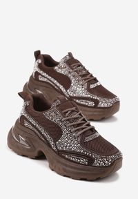 Born2be - Brązowe Sneakersy na Grubej Podeszwie z Cyrkoniami Lenisse. Nosek buta: okrągły. Zapięcie: sznurówki. Kolor: brązowy. Materiał: materiał. Obcas: na obcasie. Wysokość obcasa: niski #6