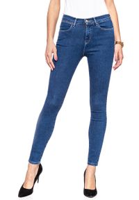 Wrangler - WRANGLER HIGH RISE SKINNY BLUE NOISE W27HFS047. Stan: podwyższony. Wzór: jednolity, aplikacja #7