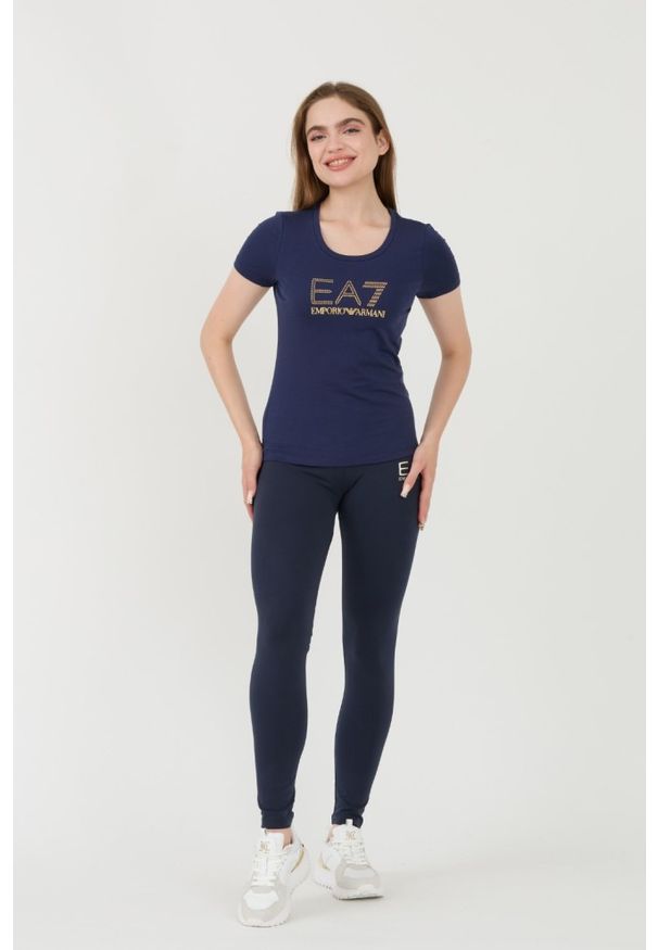 EA7 Emporio Armani - EA7 Granatowy damski t-shirt z cyrkoniami, Rozmiar M. Kolor: niebieski