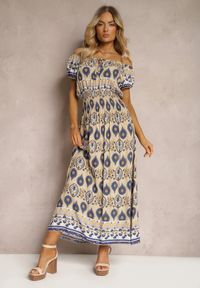 Renee - Beżowo-Niebieska Sukienka na Lato z Bawełny z Modelującą Gumką w Talii Deorna. Kolor: beżowy. Materiał: bawełna. Sezon: lato #5