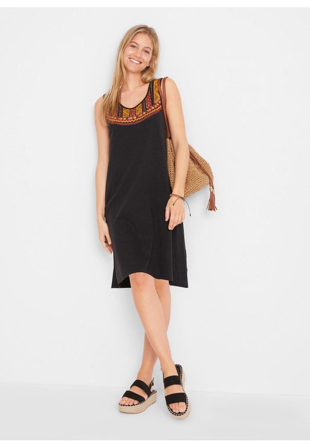 bonprix - Sukienka z dżerseju na ramiączkach. Kolor: czarny. Materiał: jersey. Długość rękawa: na ramiączkach. Typ sukienki: asymetryczne