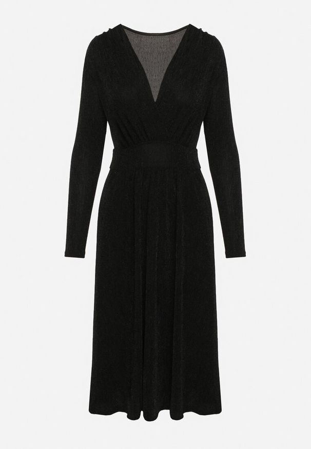 Born2be - Czarna Taliowana Sukienka z Wiskozą o Rozkloszowanym Kroju Zdobiona Metaliczną Nicią Mesinae. Okazja: na spotkanie biznesowe, do pracy. Typ kołnierza: dekolt w kształcie V. Kolor: czarny. Materiał: wiskoza. Długość rękawa: długi rękaw. Wzór: aplikacja. Typ sukienki: rozkloszowane. Styl: glamour, elegancki, biznesowy, wizytowy