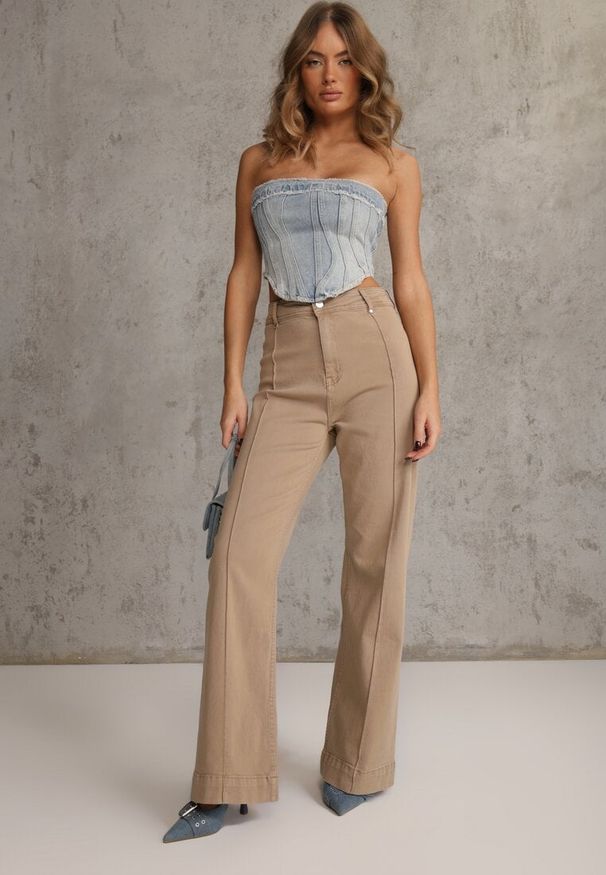 Renee - Beżowe Bawełniane Jeansy High Waist Wide Leg z Pionowymi Przeszyciami Ethemithea. Stan: podwyższony. Kolor: beżowy. Styl: rockowy