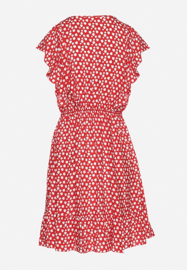 Born2be - Czerwona Rozkloszowana Sukienka z Bawełny w Kwiaty z Guzikami Ronelle. Okazja: na co dzień, na randkę, na spacer. Kolor: czerwony. Materiał: bawełna. Wzór: kwiaty. Typ sukienki: proste, rozkloszowane. Styl: elegancki, casual
