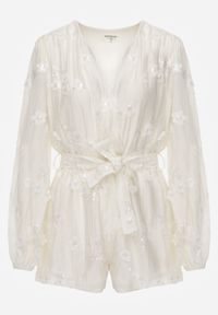 Born2be - Beżowy Kopertowy Kombinezon z Tencelu Ozdobiony Kwiatkami 3D i Cekinami Adralila. Okazja: na co dzień. Kolor: beżowy. Materiał: materiał, poliester. Wzór: aplikacja, kwiaty. Styl: elegancki, klasyczny, casual #6