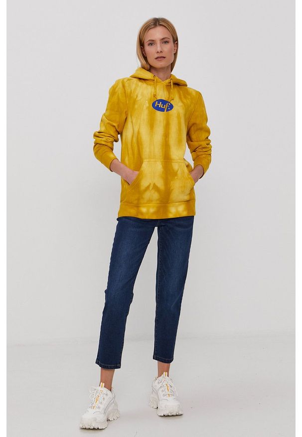 HUF Bluza kolor żółty z kapturem wzorzysta. Okazja: na co dzień. Typ kołnierza: kaptur. Kolor: żółty. Materiał: dzianina. Wzór: nadruk. Styl: casual