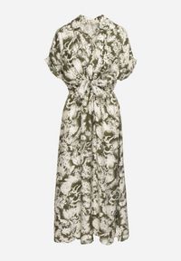 Born2be - Zielono-Beżowa Taliowana Sukienka z Gumką w Pasie Zapinana na Guziki Nasica. Okazja: na co dzień. Kolor: zielony. Materiał: materiał, wiskoza, jeans. Długość rękawa: krótki rękaw. Typ sukienki: proste. Styl: klasyczny, casual, elegancki #4