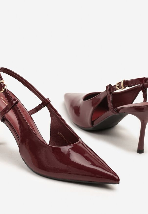 Renee - Bordowe Sandały Lakierowane Vices na Szpilce Slingback Raleira. Okazja: na co dzień, na imprezę, na spacer. Nosek buta: szpiczasty. Zapięcie: sprzączka. Kolor: czerwony. Materiał: lakier. Obcas: na szpilce. Styl: klasyczny, casual. Wysokość obcasa: średni