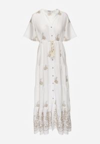 Renee - Biała Rozkloszowana Sukienka Boho z Wiskozy Zdobiona Haftem i Wiązaniem Falvania. Okazja: na co dzień, na randkę. Typ kołnierza: dekolt w kształcie V. Kolor: biały. Materiał: wiskoza. Wzór: haft, aplikacja. Styl: boho #2