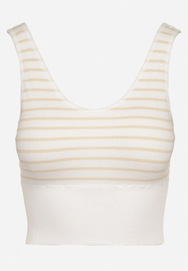 Born2be - Biało-Beżowy Tank Top w Paski z Prążkowanej Tkaniny Sesillia. Okazja: na co dzień. Kolor: brązowy. Materiał: tkanina, prążkowany. Wzór: paski. Styl: klasyczny, elegancki, casual