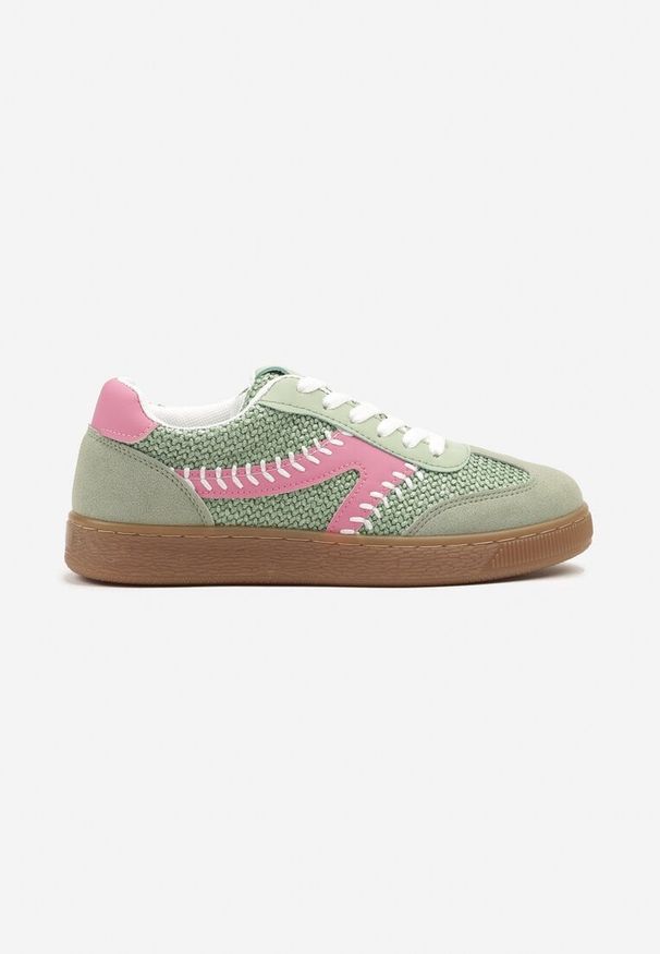Renee - Jasnozielone Sneakersy w Stylu Klasycznych Tenisówek Zdobione Przeszyciami i Tweedem Koriznne. Okazja: na co dzień, na spotkanie biznesowe. Nosek buta: okrągły. Kolor: zielony. Materiał: jeans. Szerokość cholewki: normalna. Wzór: aplikacja