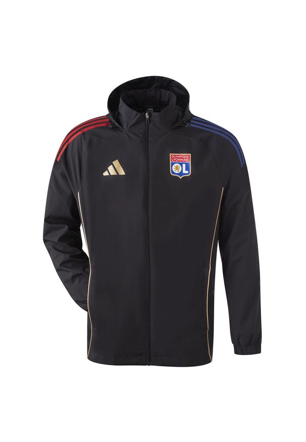 Adidas - Kurtka dresowa zewnętrzna OL 2025/26. Kolor: czarny. Materiał: dresówka. Sport: piłka nożna