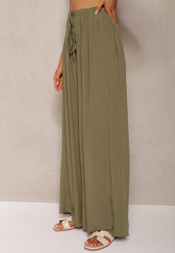 Renee - Ciemnozielone Szerokie Spodnie High Waist z Gumką w Talii Ilnena. Okazja: na co dzień. Stan: podwyższony. Kolor: zielony. Styl: klasyczny, elegancki, casual