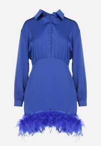 Born2be - Granatowa Sukienka Satynowa z Piórkami na Dole Zaitena. Okazja: na co dzień. Kolor: niebieski. Materiał: satyna. Wzór: aplikacja. Typ sukienki: koszulowe. Styl: klasyczny, casual #3