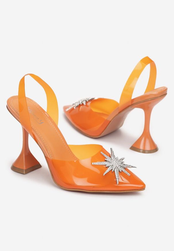 Renee - Pomarańczowe Silikonowe Sandały na Klepsydrze z Cyrkoniami Meley. Nosek buta: szpiczasty. Kolor: pomarańczowy. Wzór: aplikacja. Sezon: wiosna, lato. Obcas: na obcasie. Wysokość obcasa: wysoki