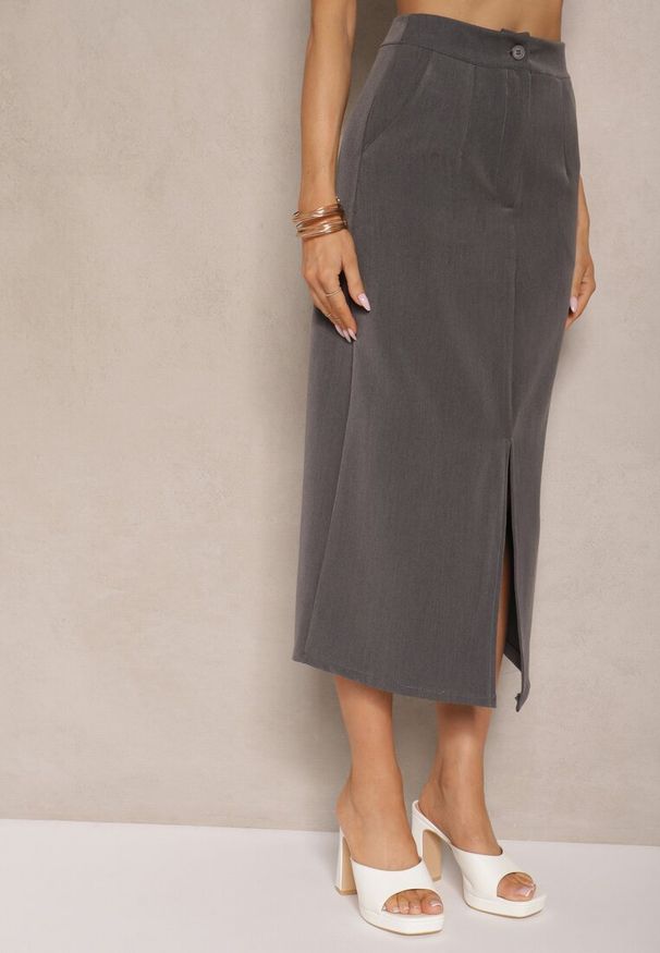 Renee - Szara Spódnica Ołówkowa z Wiskozą High Waist z Rozcięciem Semivinia. Okazja: na co dzień. Stan: podwyższony. Kolor: szary. Materiał: wiskoza. Styl: elegancki, wizytowy, casual