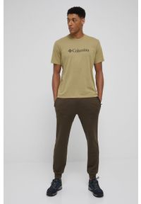 columbia - Columbia t-shirt bawełniany kolor zielony z nadrukiem. Okazja: na co dzień. Kolor: zielony. Materiał: bawełna. Wzór: nadruk. Styl: casual