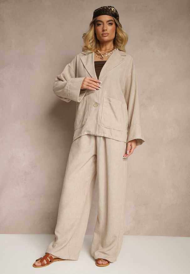 Renee - Beżowy Garniturowy Komplet Marynarka z Kieszeniami i Spodnie o Szerokim Kroju Tasvanis. Kolor: beżowy. Materiał: koronka