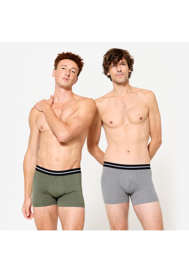Decathlon - Bokserki męskie Domyos 2 sztuki. Kolor: szary, wielokolorowy, zielony. Materiał: skóra, bawełna, materiał, elastan. Sport: fitness