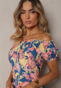 Renee - Niebiesko-Różowa Sukienka z Bawełny z Gumką w Talii Baletta. Kolor: niebieski. Materiał: bawełna. Sezon: lato