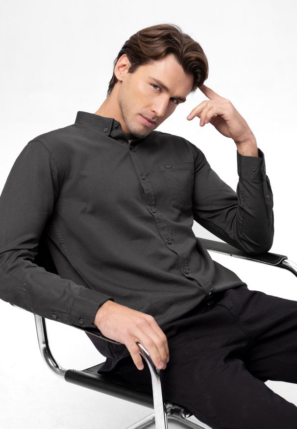 Volcano - Koszula z długim rękawem, Regular Fit, K-BENTU. Okazja: na co dzień. Kolekcja: plus size. Kolor: szary. Materiał: materiał, bawełna. Długość rękawa: długi rękaw. Długość: długie. Styl: casual