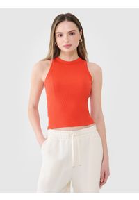 4f - 4F Top slim z prążkowanej dzianiny damski - czerwony M. Kolor: czerwony. Materiał: dzianina, prążkowany. Długość rękawa: na ramiączkach. Wzór: prążki, jednolity