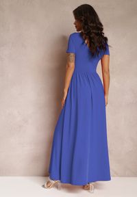 Renee - Granatowa Sukienka Maxi z Rozkloszowanym Dołem i Rozcięciem Zarya. Kolor: niebieski. Długość rękawa: krótki rękaw. Długość: maxi #3