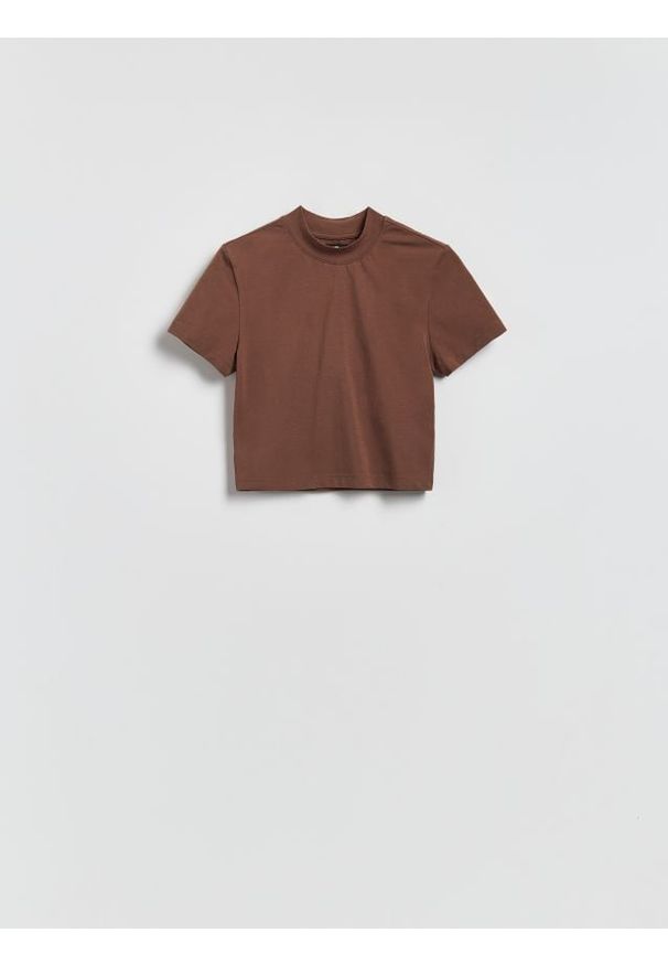 Reserved - T-shirt z bawełną - ciemnobrązowy. Kolor: brązowy. Materiał: bawełna. Długość: krótkie