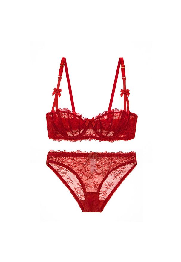 Intica - Koronkowy komplet bielizny z subtelnymi kokardkami na specjalne okazje Aristea. Kolor: czerwony. Materiał: koronka. Wzór: aplikacja