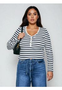 Big-Star - Bluzka damska z dekolotem v-neck w paski granatowa Mella 403. Typ kołnierza: dekolt w serek. Kolor: niebieski. Materiał: dzianina, skóra, materiał, bawełna, prążkowany. Długość rękawa: długi rękaw. Długość: długie. Wzór: paski. Styl: klasyczny #6
