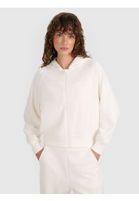 4f - 4F Bluza dresowa rozpinana z modalem damska - biała L. Okazja: na co dzień. Typ kołnierza: kaptur. Kolor: biały. Materiał: dresówka. Długość rękawa: raglanowy rękaw. Wzór: ze splotem, gładki. Styl: sportowy, casual #1