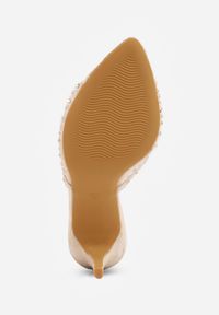 Renee - Beżowe Siateczkowe Klapki VICES na Szpilce Ozdobione Cyrkoniami i Kokardką Donne. Kolor: beżowy. Materiał: satyna. Wzór: aplikacja. Obcas: na szpilce. Styl: glamour, elegancki #3