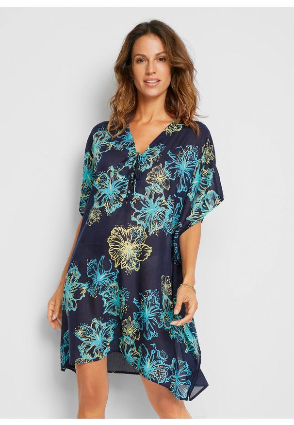 bonprix - Prześwitująca tunika plażowa z dekoltem w serek. Okazja: na plażę. Typ kołnierza: dekolt w serek. Kolor: niebieski. Materiał: materiał. Wzór: nadruk, kwiaty. Styl: elegancki