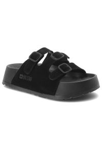 Big-Star - Klapki damskie Big Star, cholewka z materiału tekstylnego z dwoma regulowanymi paskami i sprzączkami, czarne, TT274531. Okazja: na co dzień. Kolor: czarny. Materiał: materiał. Wzór: paski. Sezon: lato. Styl: elegancki, klasyczny, casual #1