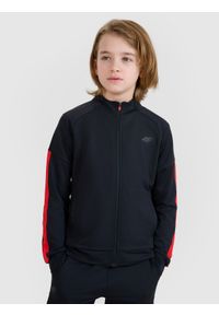 4f - 4F Bluza sportowa rozpinana bez kaptura chłopięca - czarna 158/164 (12-14 lat). Okazja: na co dzień. Typ kołnierza: bez kaptura. Kolor: czarny. Materiał: dzianina, włókno, syntetyk, materiał, elastan. Długość rękawa: raglanowy rękaw. Wzór: gładki, ze splotem, jednolity. Sezon: lato. Styl: sportowy