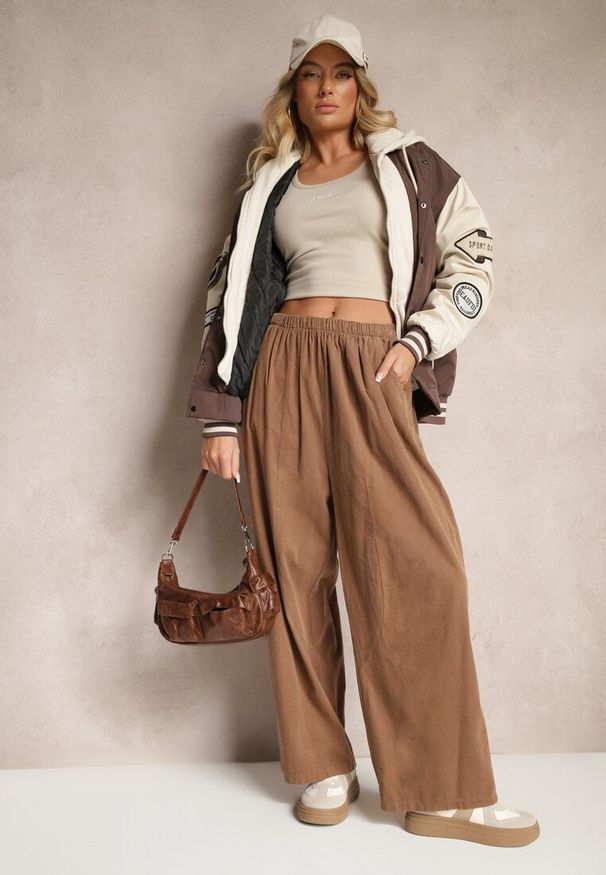 Renee - Brązowe Bawełniane Spodnie High Waist o Szerokim Kroju Velili. Okazja: na co dzień. Stan: podwyższony. Kolor: brązowy. Materiał: bawełna. Styl: elegancki, casual