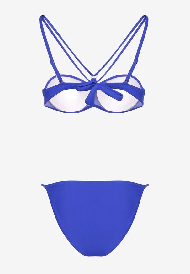 Renee - Niebieskie Bikini Majtki Typu Figi i Biustonosz z Ozdobnymi Paskami Fadelinna. Kolor: niebieski. Wzór: paski